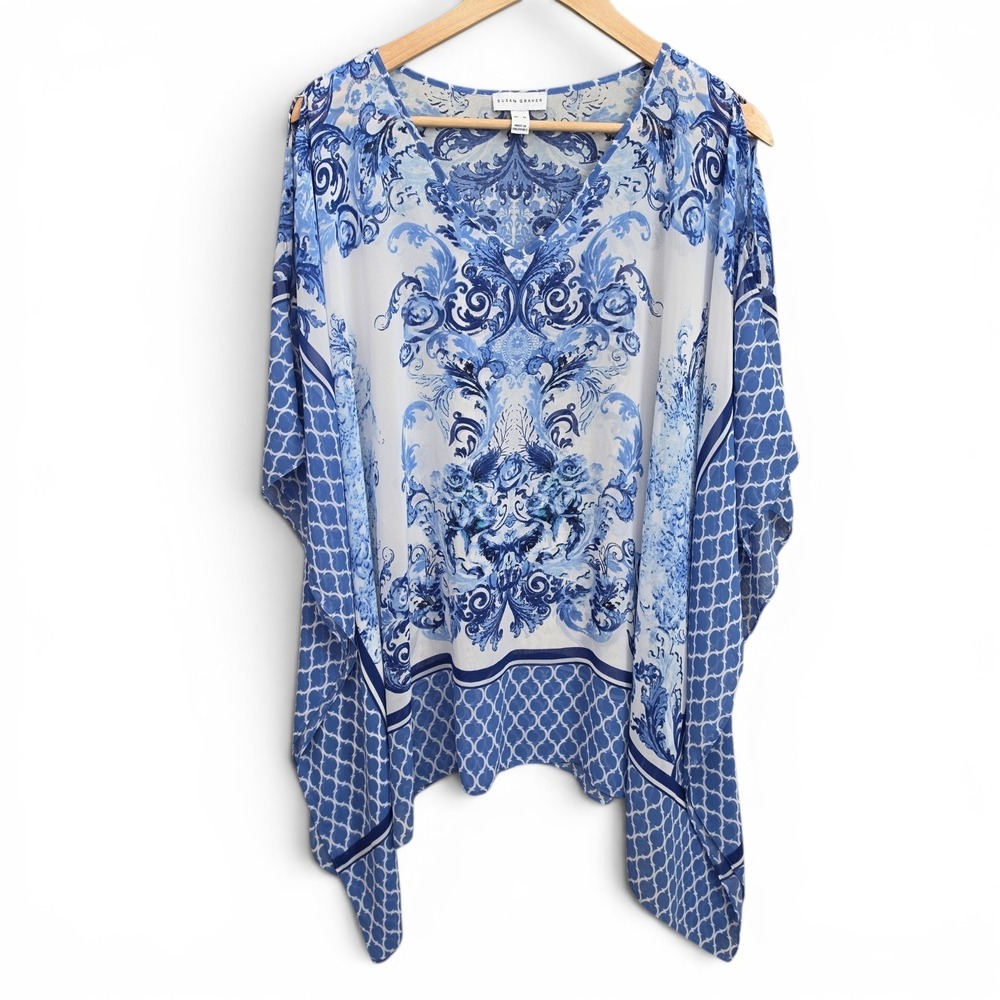 Susan Graver Top Womens XL Blue White Damask Kaftan Tunic Blouse V Neck